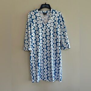 Sailor-Sailor Tunic Neckline 3/4 Sleeve Plumeria Floral Dress, Blue/White, S